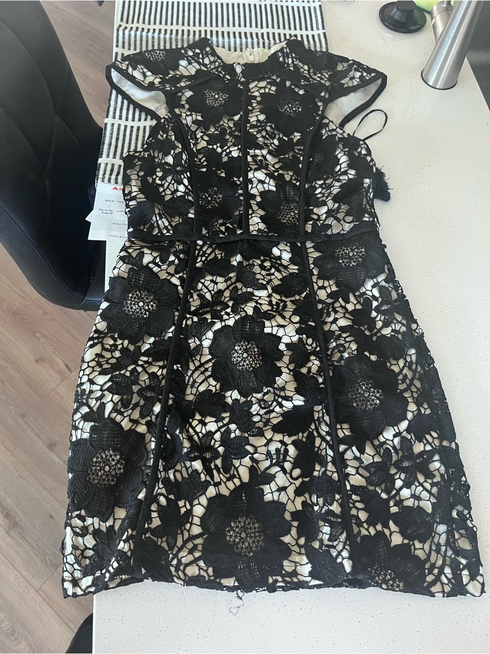 Black Floral Lace Overlay Mini Dress with Cream Lining